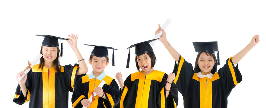 Asian school kids in graduation gown