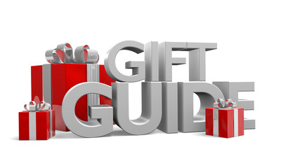 Gift guide text and three red Christmas gifts