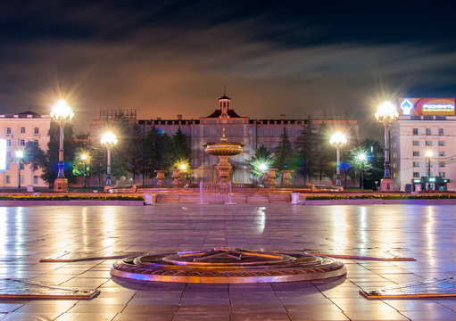 The main square of Khabarovsk - Lenin Square at night - in the f