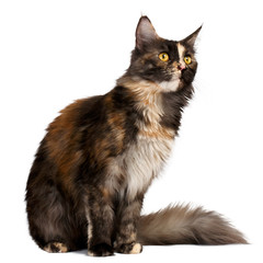 Closeup brown tortie Maine Coon cat looking at right