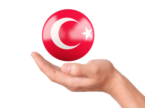 hand hold Turkey flag icon on white bakground