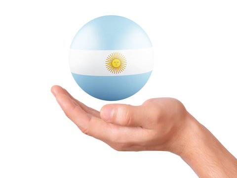 hand hold argentina flag icon on white bakground