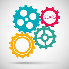 Color toothed gears (cogs) is meshed on gray background