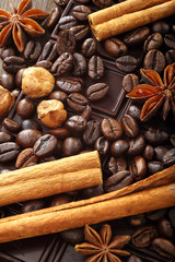 Dark chocolate with coffee beans cinnamon and star anise