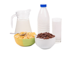 Bowl of corn flakes and milk.