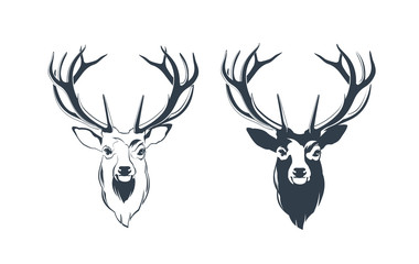 Portrait of a deer head  with horns. Design element for logo or tattoo. Vector illustration in black and white style