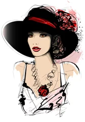 Poster Vrouw met hoed op witte achtergrond © Isaxar