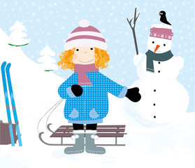 winter: child and one snowman- vectors for children