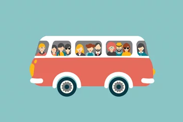 Fotobehang Retro bus with passengers. Flat vector concept. © kubko
