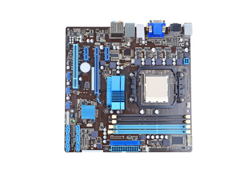 Printed computer motherboard, isolated on white background