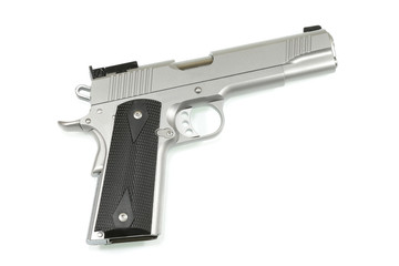 Automatic handgun on white background.