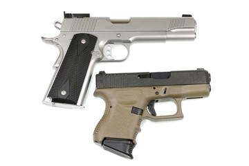 Automatic handgun on white background.