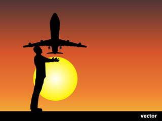 Fototapeta na wymiar Vector man silhouette with plane at sunset