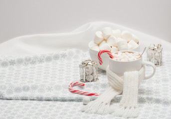 Mug Of Hot Chocolate With Scarf. Marshmallows And Sweets. Christ