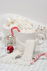 Mug Of Hot Chocolate With Scarf. Marshmallows And Sweets. Christ
