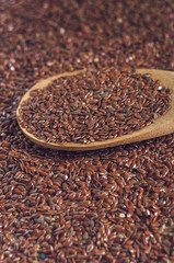 flax seeds with a wooden spoon on burlap background