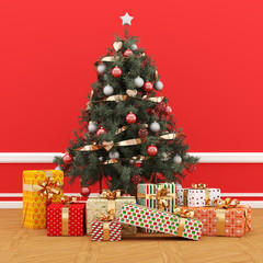 Árbol de Navidad decorado con regalos en habitación roja
