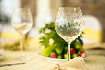 Decorated chair and tables set for wedding