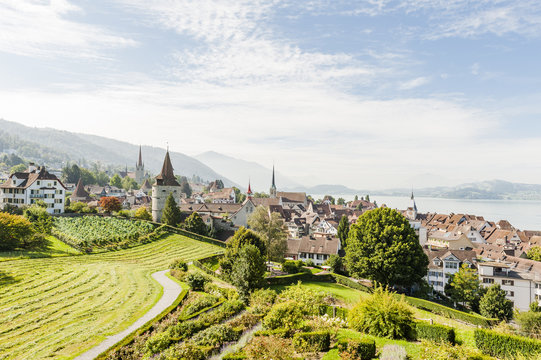 Stadt Zug, Altstadth&auml;user, Aussichtspunkt, See, Sommer, Schweiz