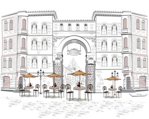 Series of street views with cafes in the old city