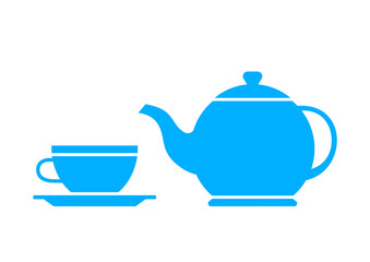 Blue teapot and teacup on white background