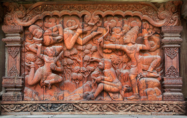 Ancient wood carving of ramayana
