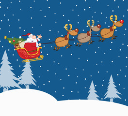 Santa Claus In Flight With His Reindeer And Sleigh
