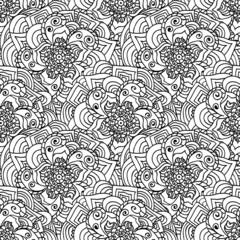 Seamless doodles pattern. Black and white fishnet flowers.