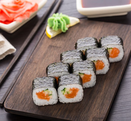 Sushi rolls with salmon and cucumber
