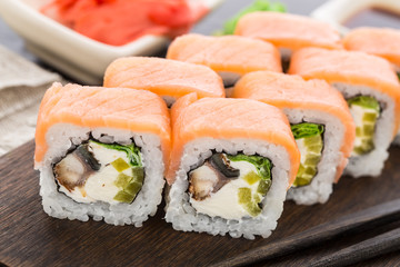 Sushi roll with salmon and eel