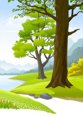 Obraz premium Serene peaceful trees next to a calm lake
