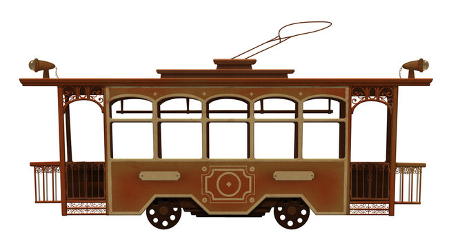 Old red toy tram on white background