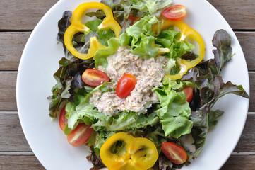 Tuna salad with many vegetables on white plate, top view.