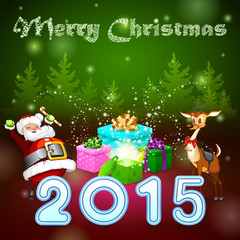 Santa and many magic gifts in forest trees