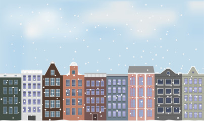 Illustration, old European city and snow.