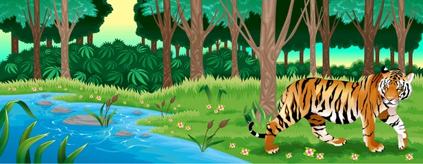 Fotobehang Green forest with a tiger © ddraw