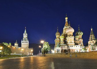 illuminated Basil's Cathedral and Spasskaya Tower at night