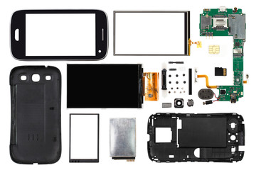 disassembled smartphone isolated on white background