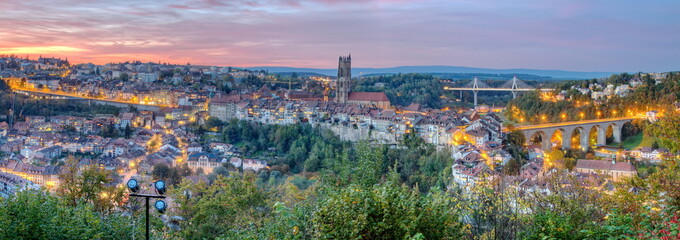 View of cathedral, Poya and Zaehringen bridge, Fribourg,