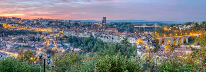 Foto op Canvas Uitzicht op de kathedraal, Poya en Zaehringen-brug, Fribourg, © Elenarts