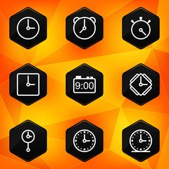 Clock and Time. Hexagonal icons set on abstract orange