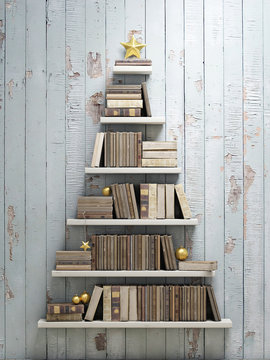 bookshelf shaped christmas tree, background