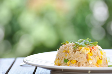 Pork fired rice in white plate on wooden table with nice bokeh