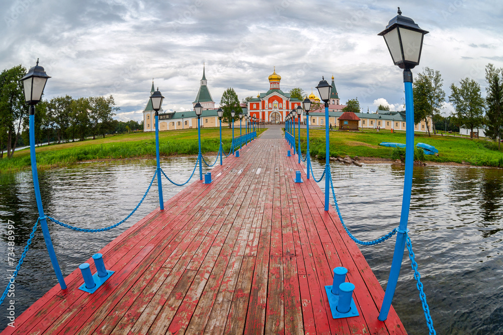 Sticker Russian orthodox church. Iversky monastery in Valday, Russia