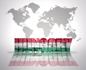Word Hungary on a world map background