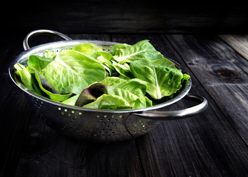 Pan with a green salad on wooden boards
