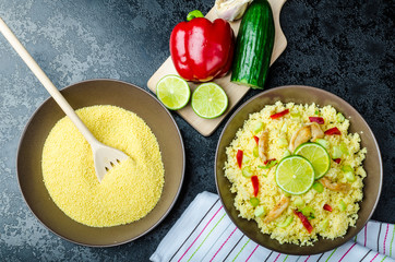 Couscous with grilled chicken meat and vegetables