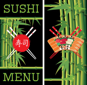 template for sushi menu with bamboo on black background