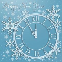 Fototapeta na wymiar Christmas background with snowflakes and clock