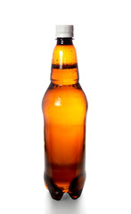 Plastic bottle with beer isolated on white background